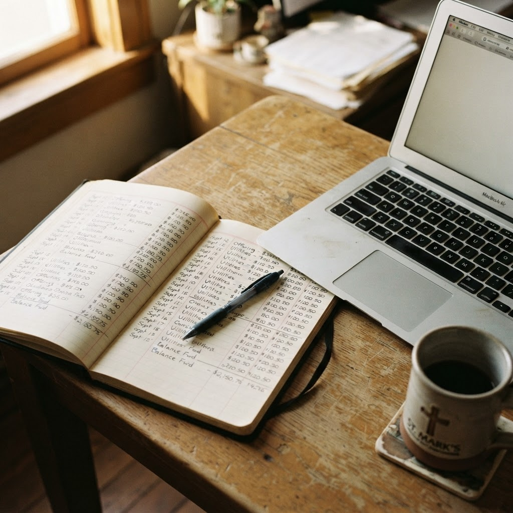 An open church accounting ledger and laptop on a wooden office table in warm afternoon light